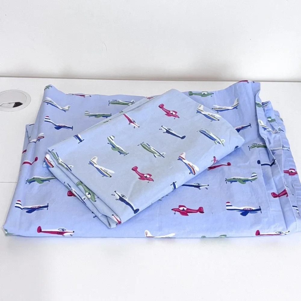 Pottery Barn Airplane Flat‎ Sheet 1 Pillowcase Twin Size 100% Cotton Blue